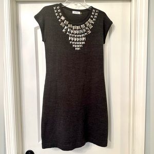 Calvin Klein - Grey wool dress with silver studded neckline detail 🤍